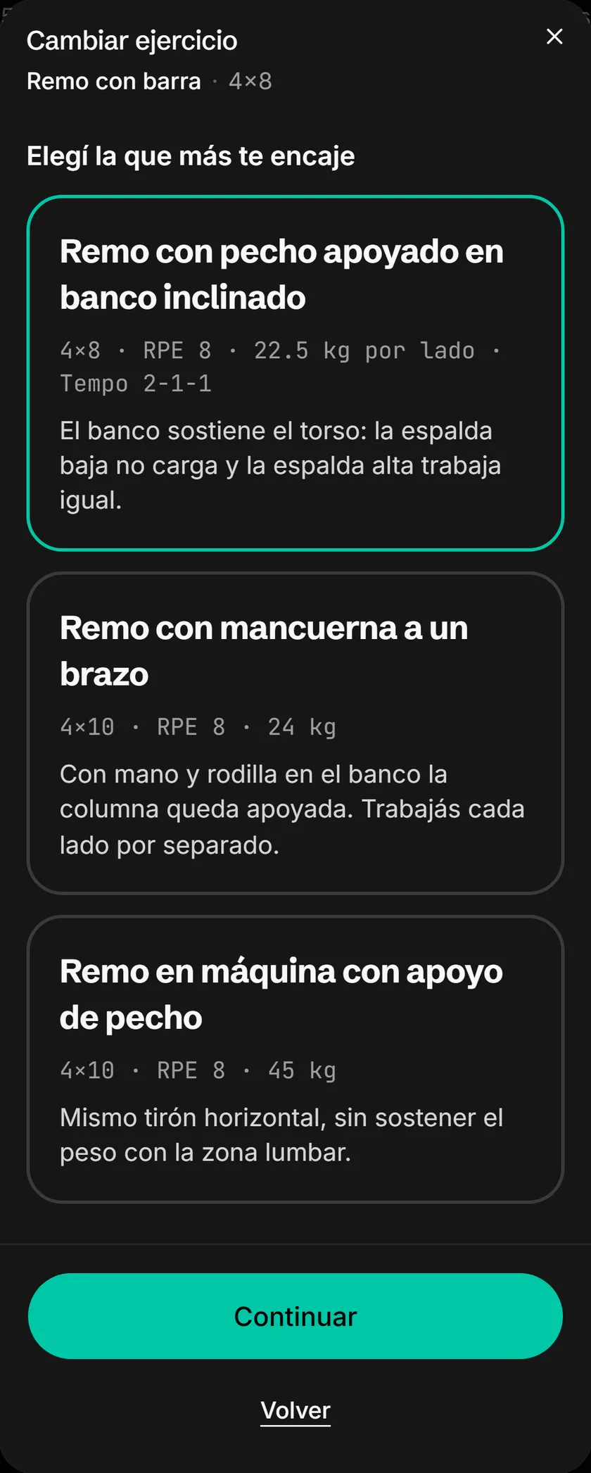 Captura de la app: tres alternativas al remo con barra por dolor en la espalda baja (con pecho apoyado en banco, con mancuerna a un brazo y en máquina), cada una con su porqué.