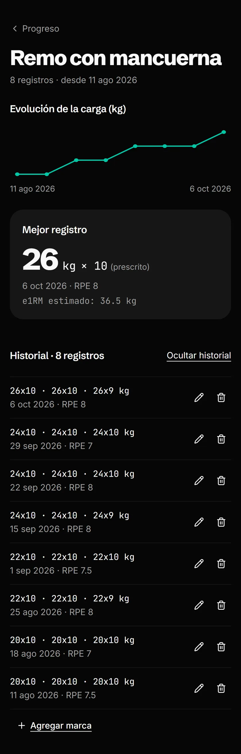 Captura de la app: progreso del remo con mancuerna, de 20 a 26 kg en dos meses, con el historial de las 8 sesiones serie por serie.