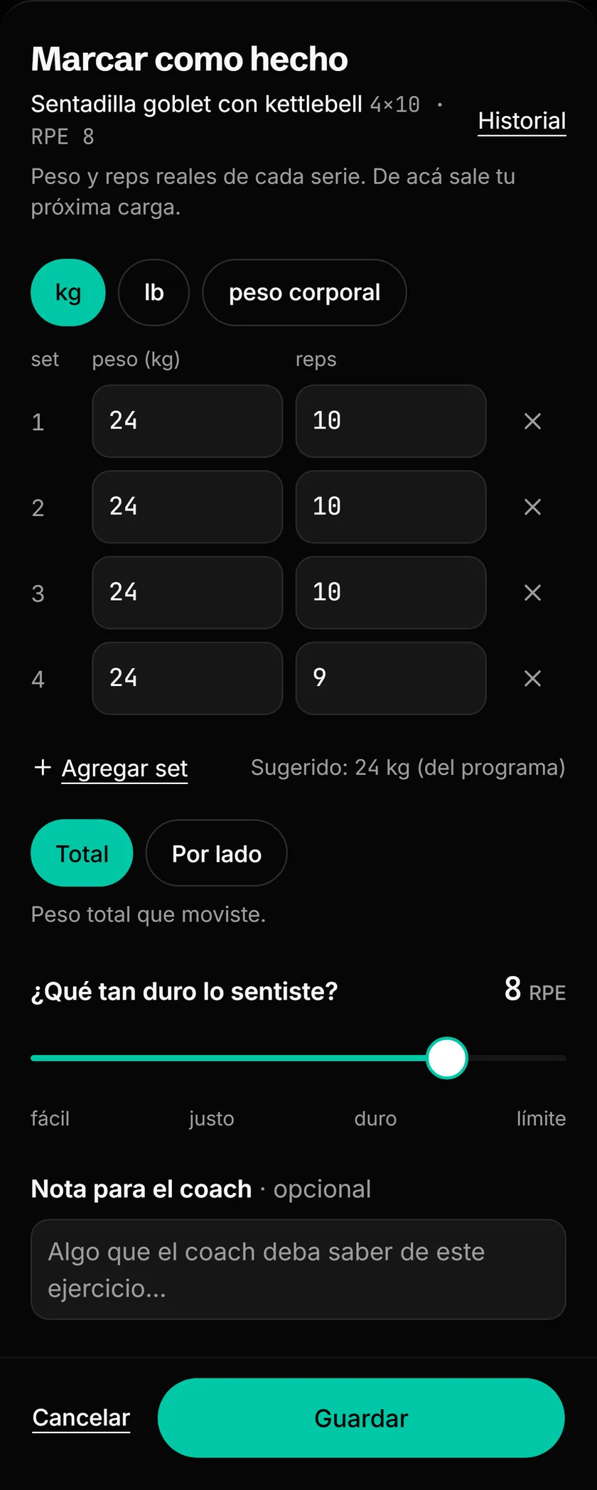 Captura de la app: registro de la sentadilla goblet con kettlebell, cuatro series de 24 kg (tres de 10 repeticiones y la última de 9) y el RPE.