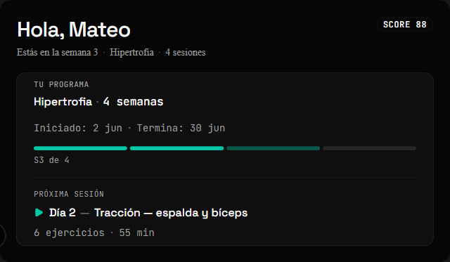 Dashboard de REPWIRE mostrando el programa de hipertrofia de la semana 3 con barra de progreso y la próxima sesión.